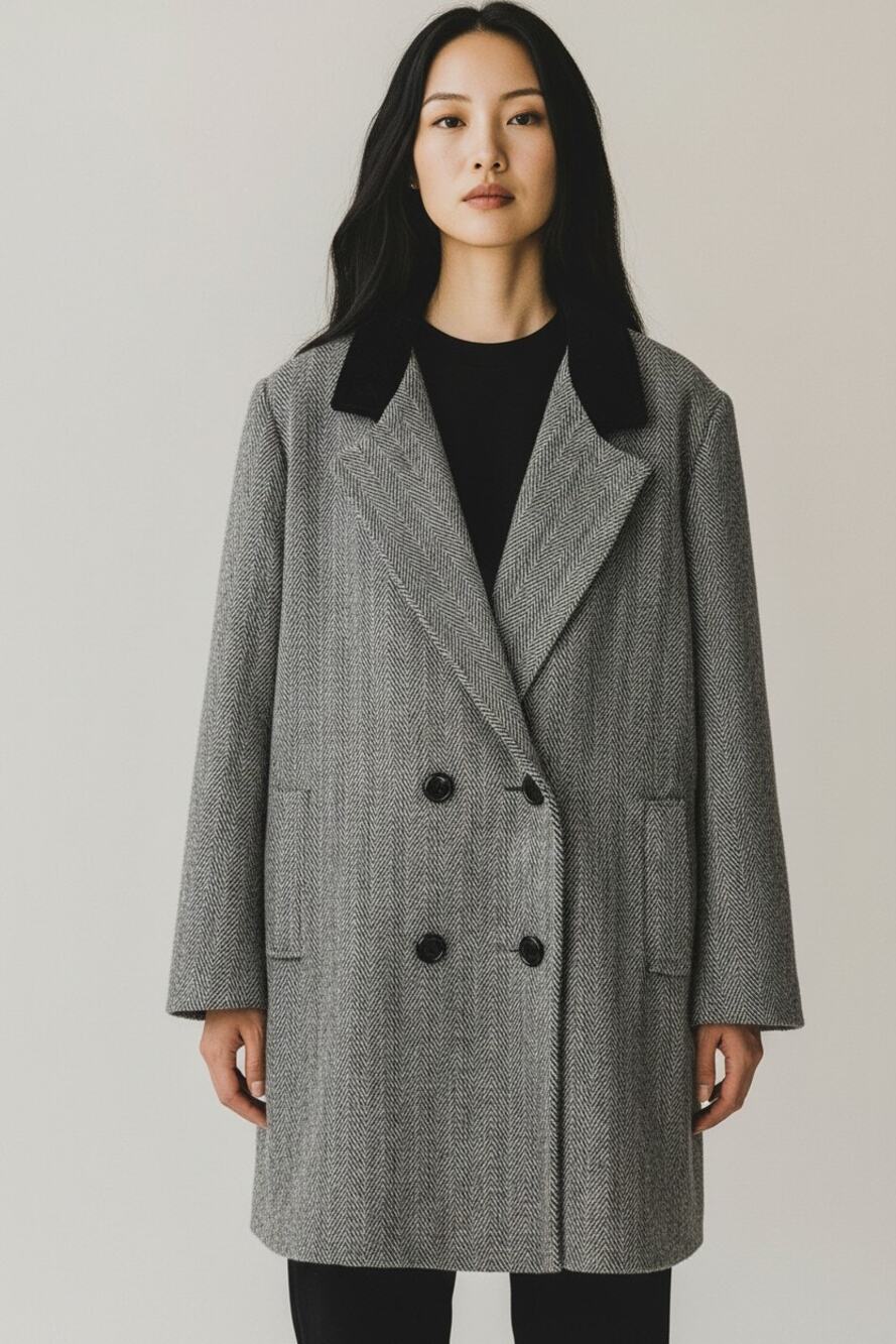 XS 0-2 Vintage Dumas wool pea coat blazer jacket herringbone velvet collar 80's